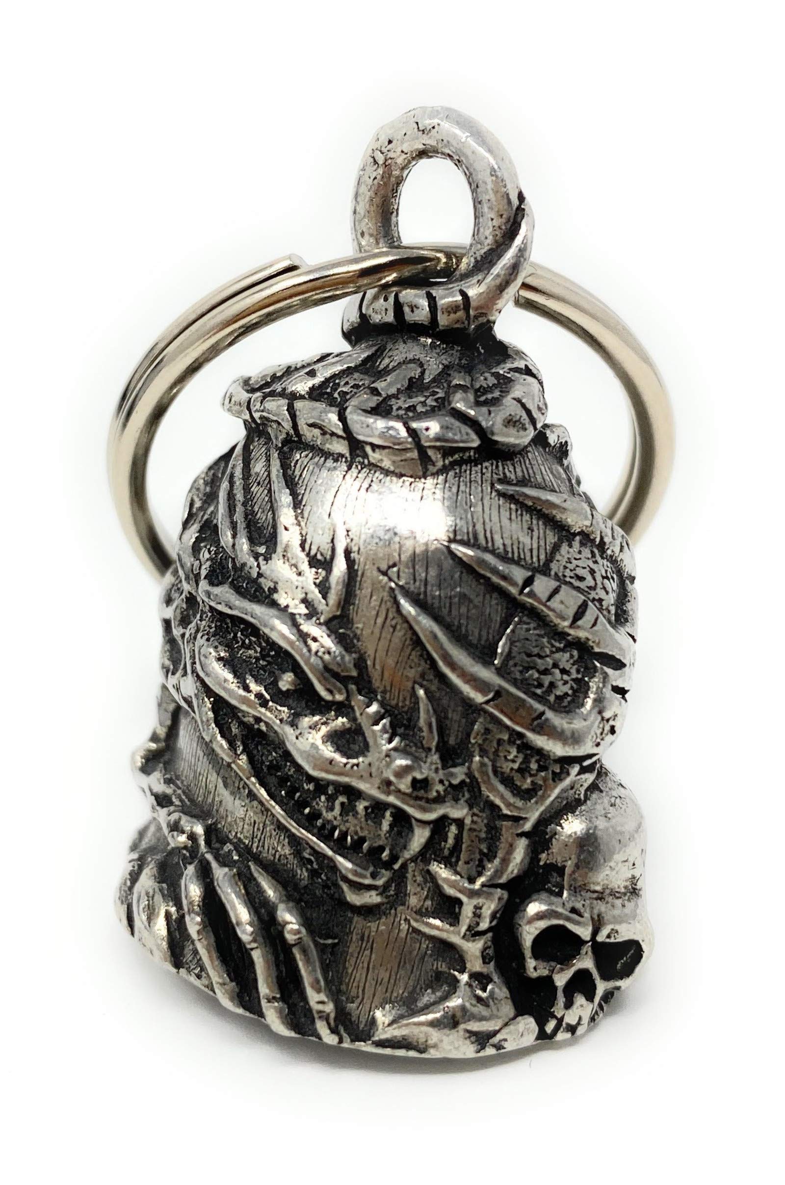 Bravo Bells Skull Dragon Bell front view, rugged biker accessory for on-road charm