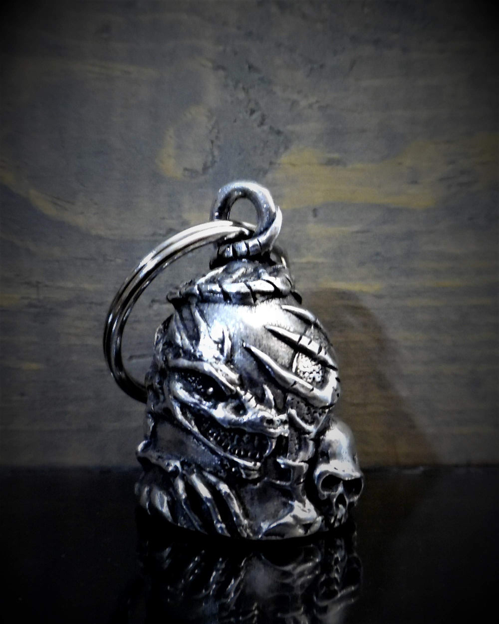 Bravo Bells Skull Dragon Bell side view, compact key chain for easy access