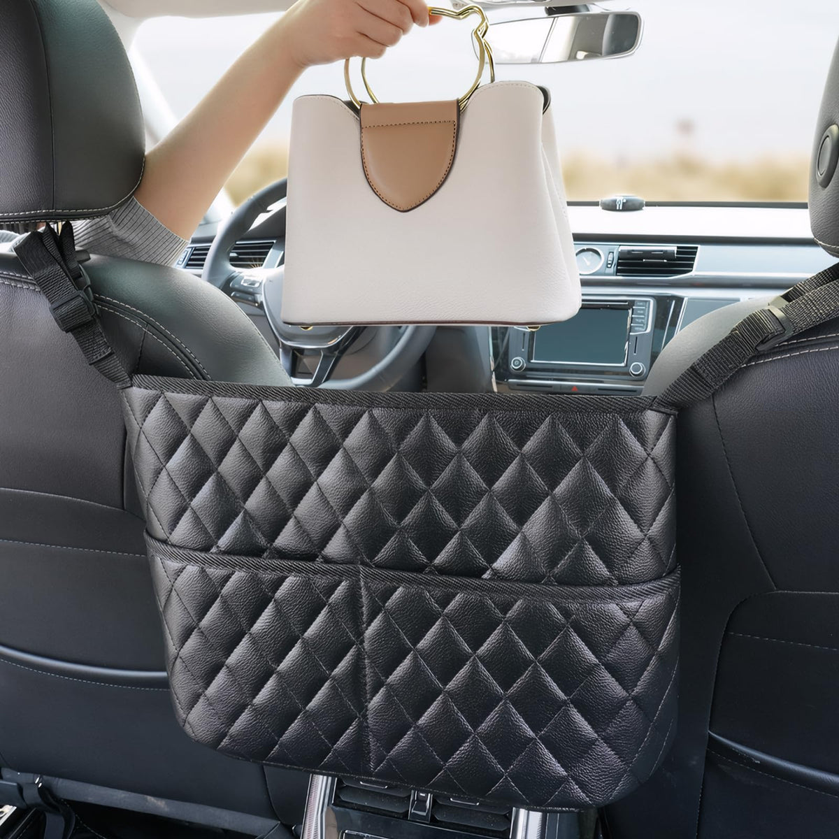 Braxan car purse holder between seats front storage view promotes tidy cabin organization on road trips
