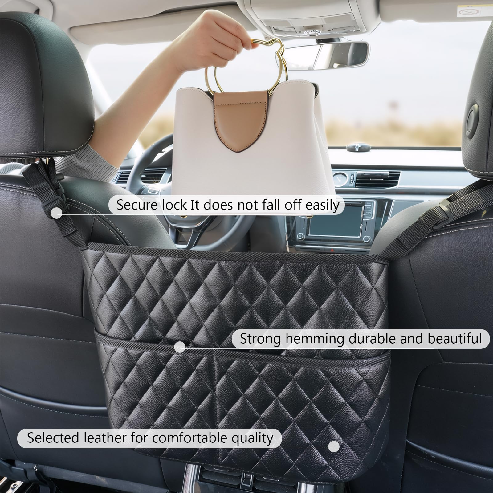 Braxan purse holder between front seat dimensions reveal broad vehicle compatibility