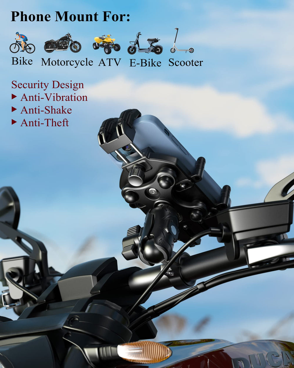 BRCOVAN anti theft mount with rear-view mirror base for versatile mounting.