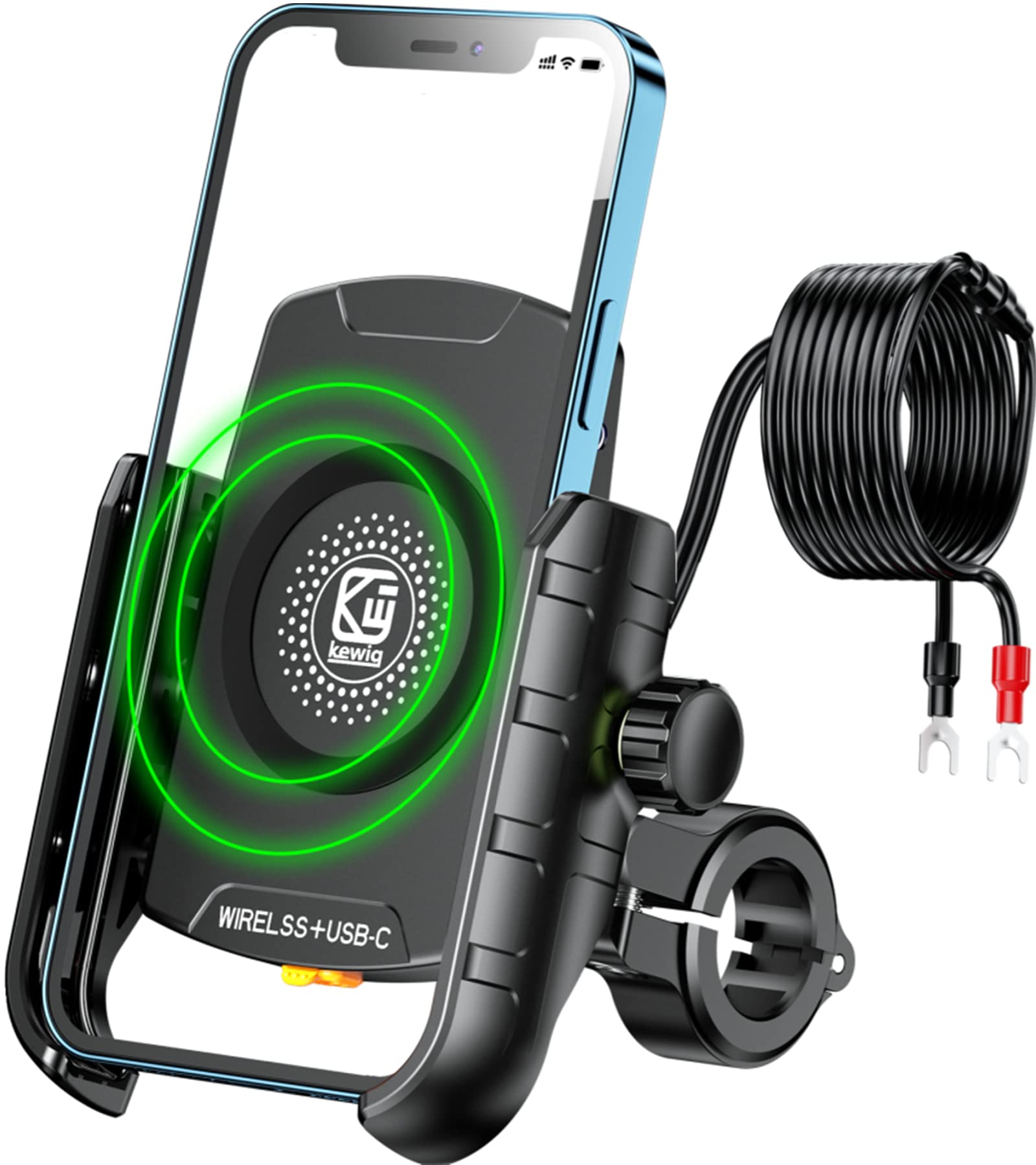 BRCOVAN motorcycle mount with Qi 15W wireless charger on handlebar for wireless charging while riding