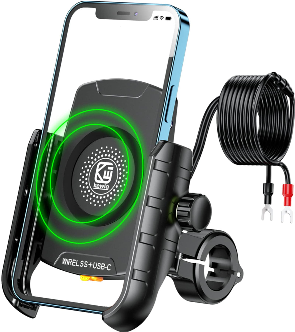 BRCOVAN motorcycle mount with Qi 15W wireless charger on handlebar for wireless charging while riding