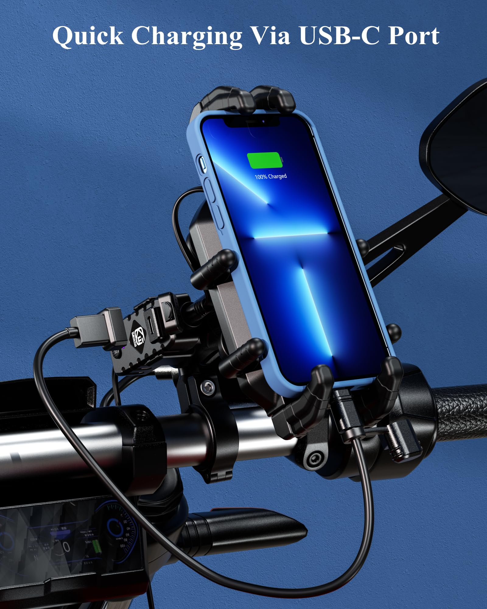High-speed secure knob clamps your phone tightly on rough roads.