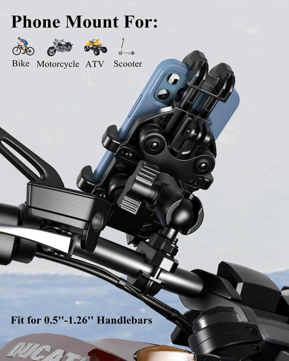 BRCOVAN motorcycle phone mount metal base fits wide handlebars securely.