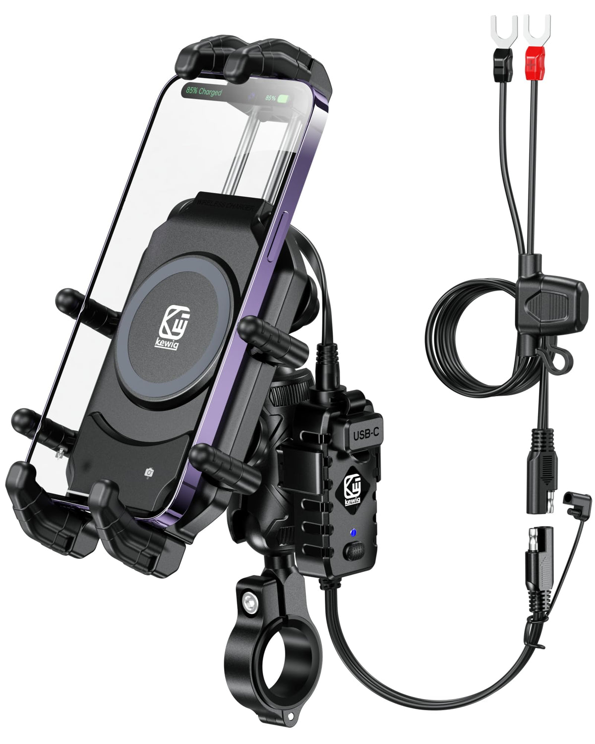 BRCOVAN motorcycle mount with Qi wireless charging for hands-free power on the road.