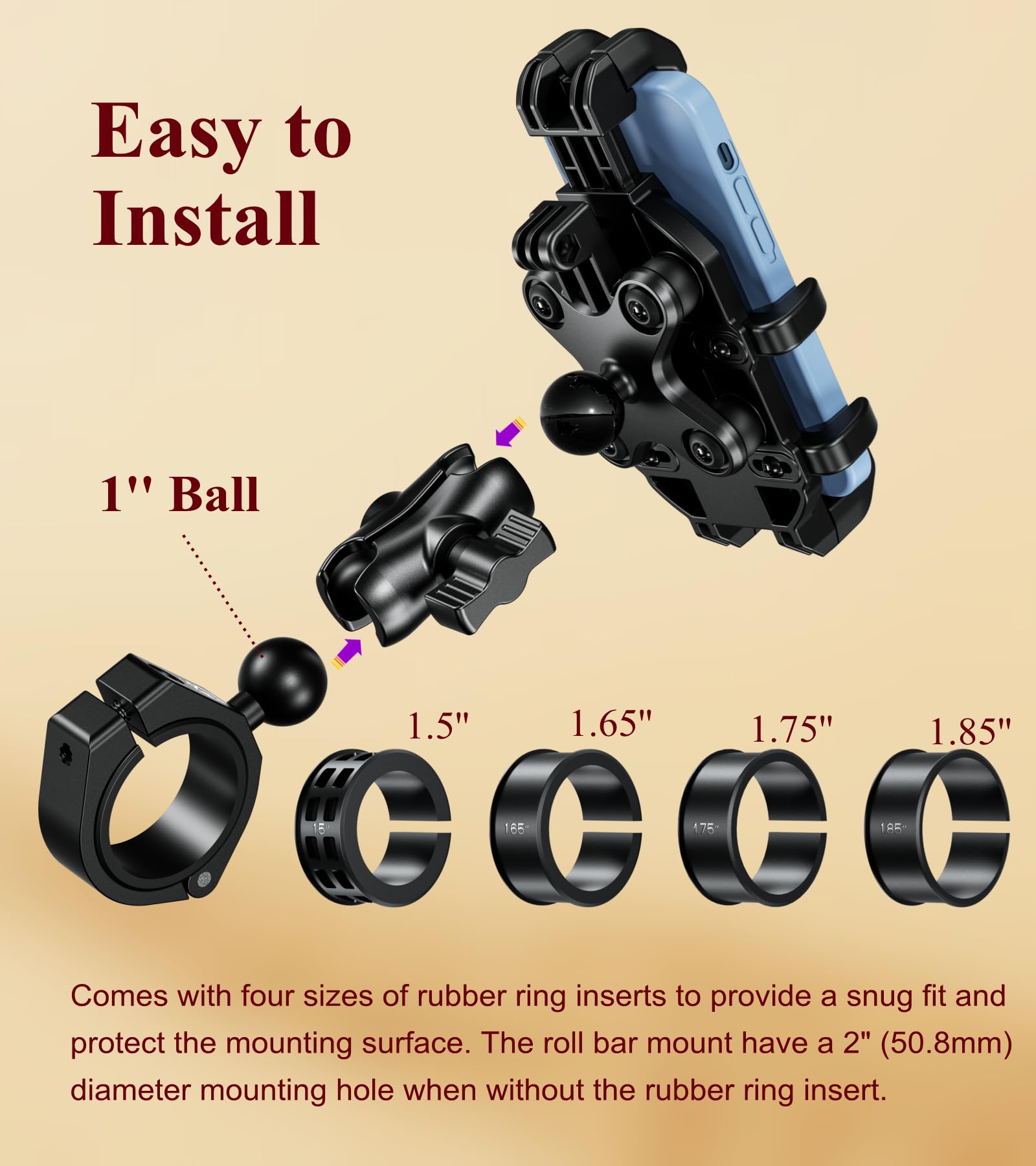 BRCOVAN UTV mount stays secure on 1.5-2 in roll bars.