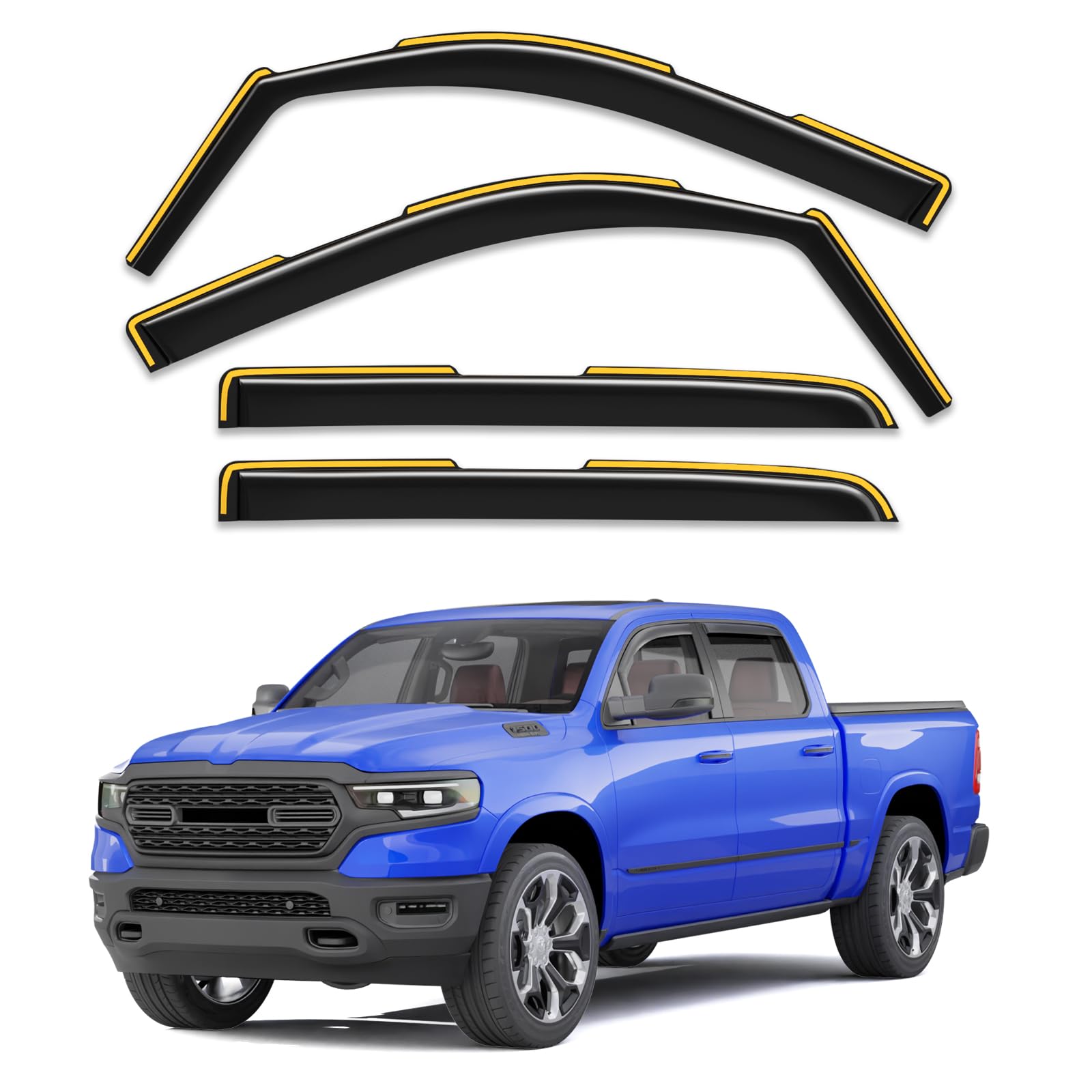 Breejoy rain guards on the Dodge RAM 1500 Crew Cab front view reduce wind noise and rain entry
