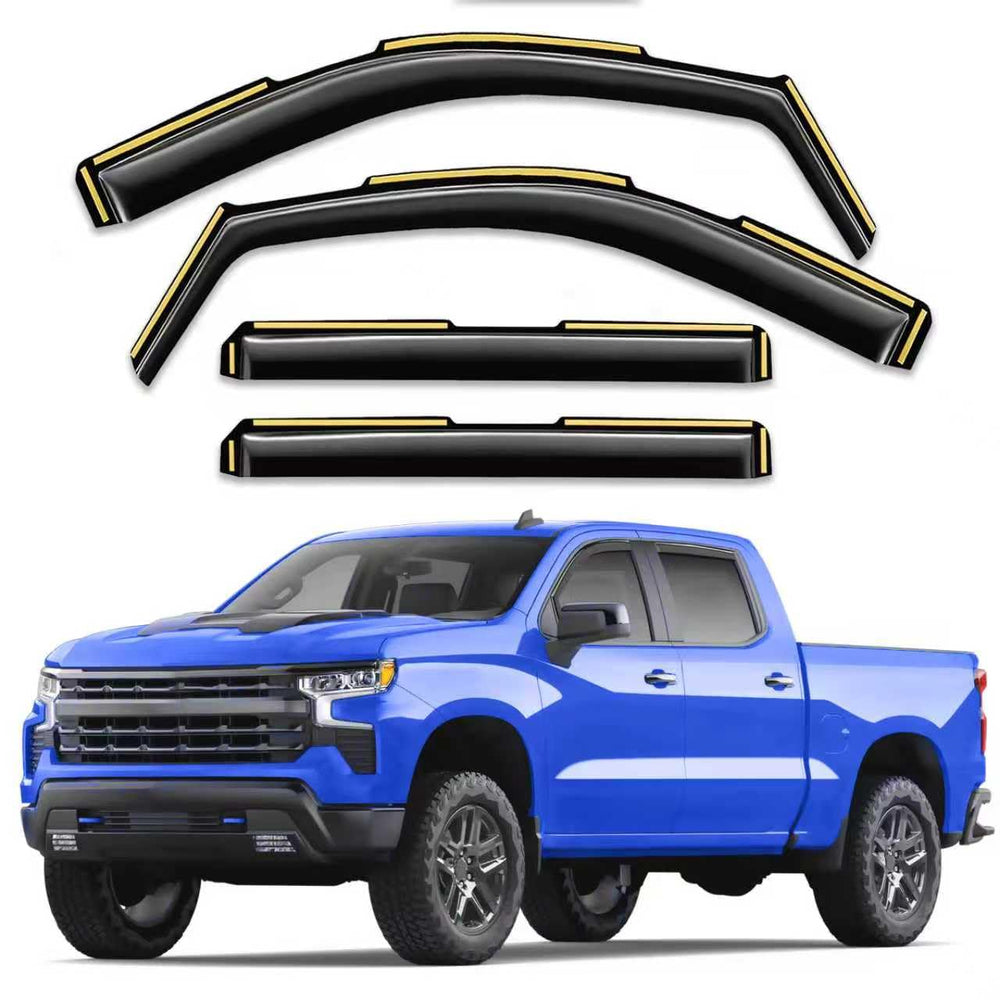 Breejoy rain guards on Silverado front-left window improve airflow and rain protection.