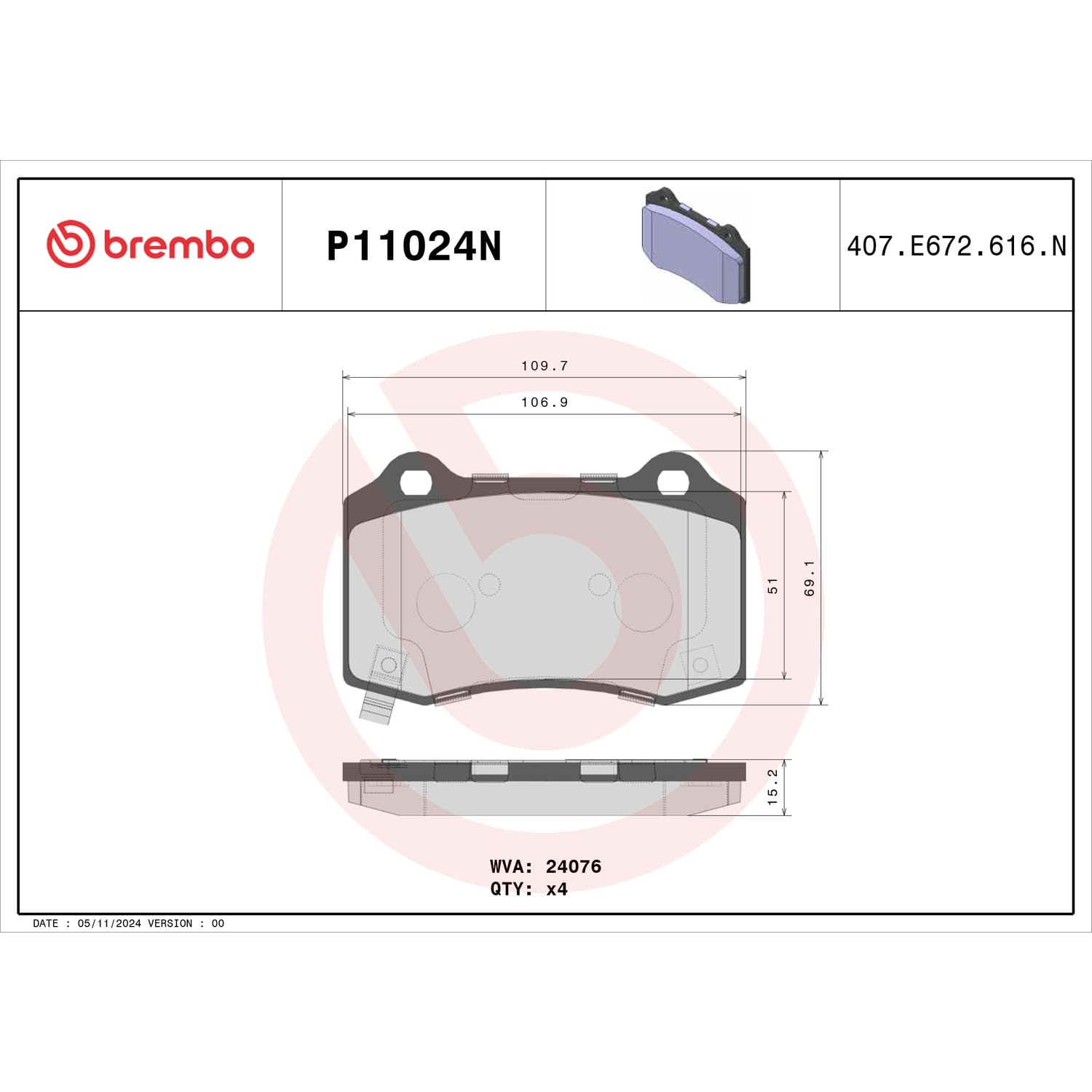 Brembo P11024N rear pad set compatibility label for vehicle reference