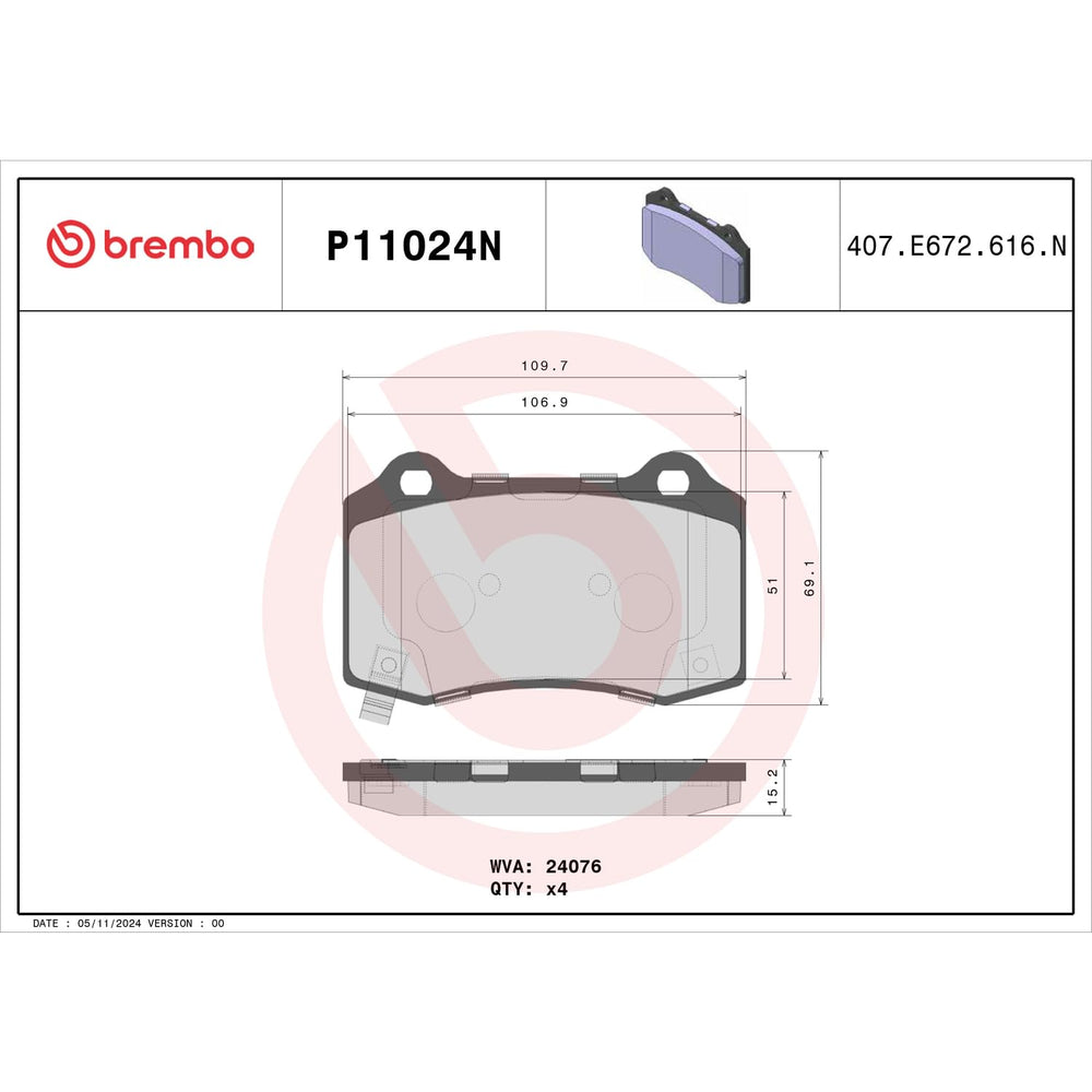 Brembo P11024N rear pad set compatibility label for vehicle reference