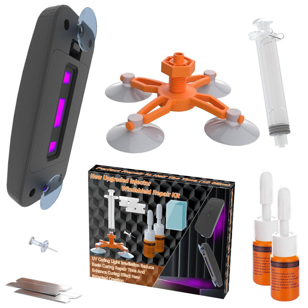 Brennenstuhl windshield repair kit setup shows components ready for quick fixes.