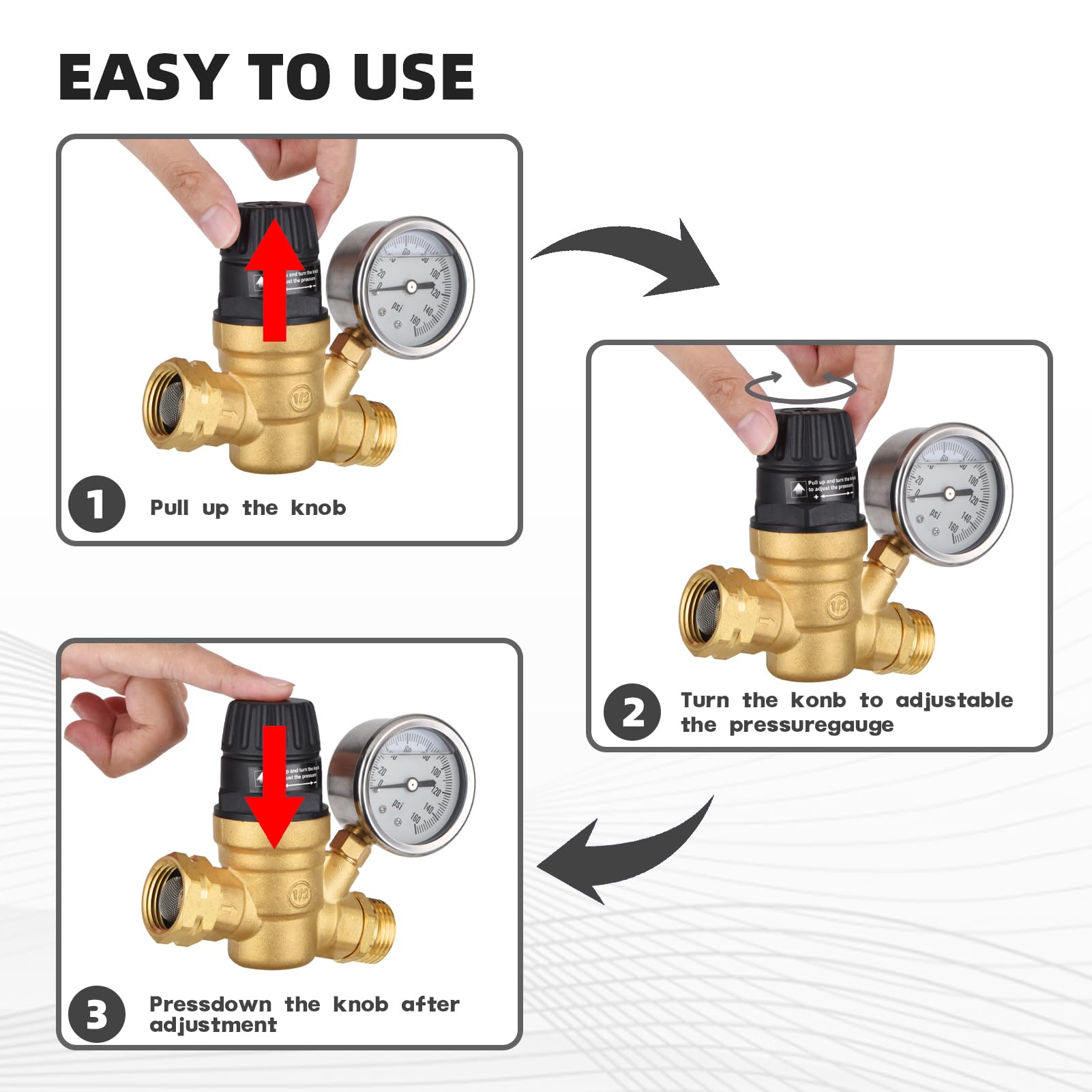 BRIGHTDECK adjustable handwheel enables tool-free pressure adjustment up to 160 PSI