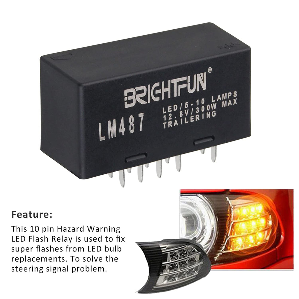 BrightFun LM487 relay side view highlighting durable housing for harsh engine conditions