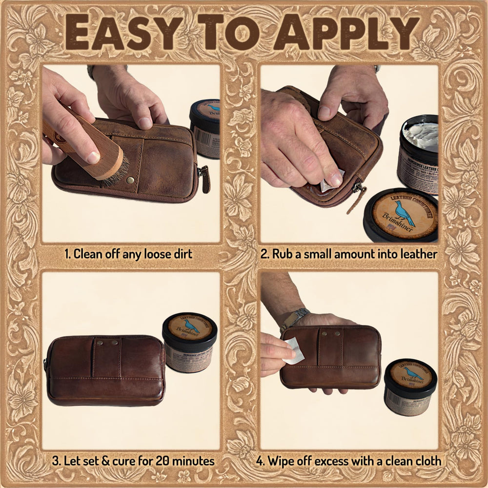Brimshiner Leather Conditioner applying on leather to restore suppleness.