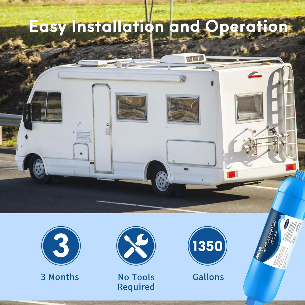 Bringpure RV Inline Water Filter in various setups for RVs, boats, and camping.