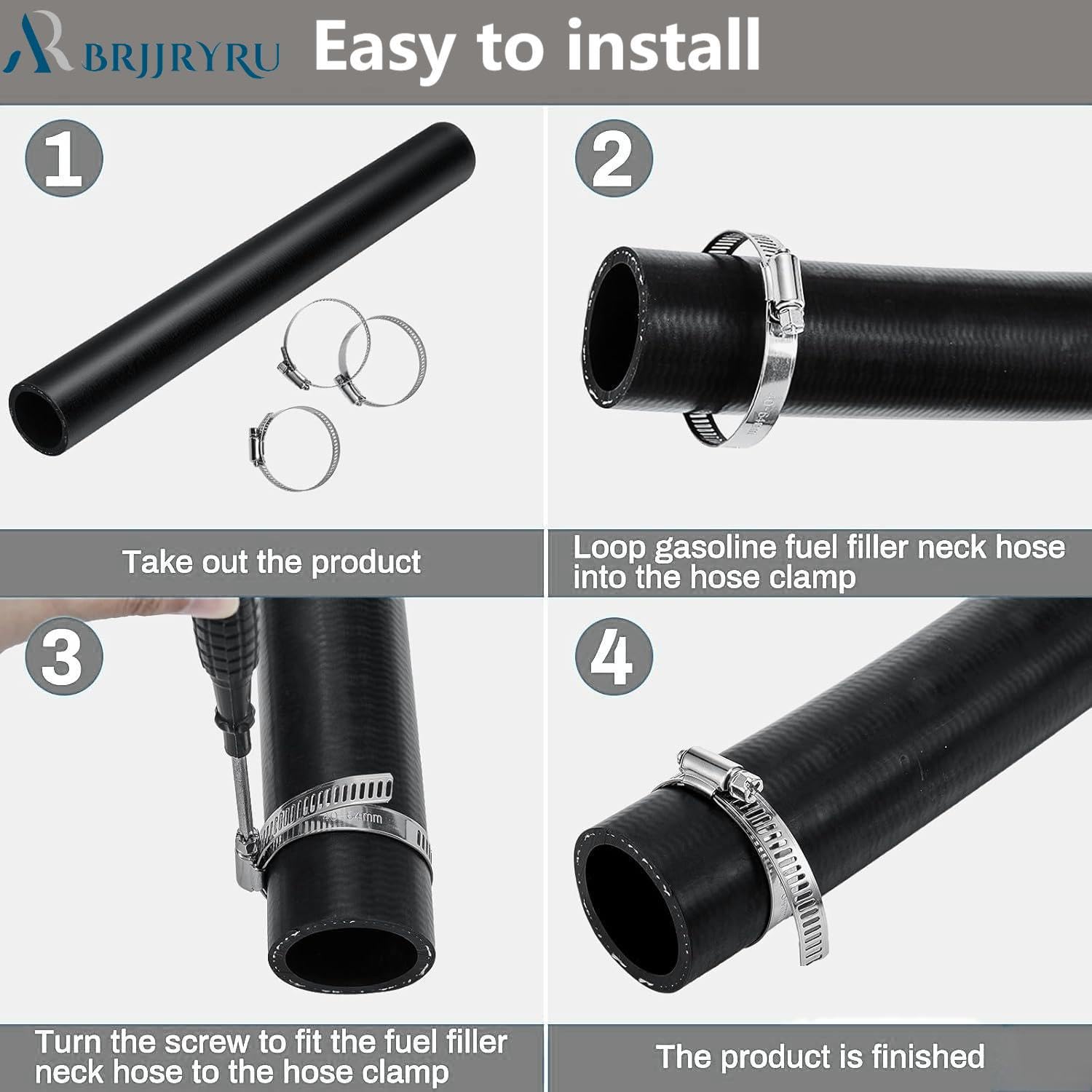 BrJJrYRu straight 2-inch ID hose fitted to tank filler neck in automotive setups.