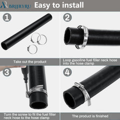 BrJJrYRu straight 2-inch ID hose fitted to tank filler neck in automotive setups.