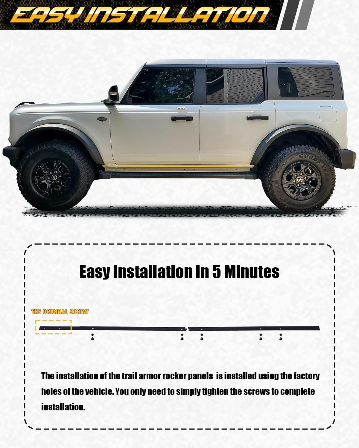 Broaddict aluminum rocker panel finish resists corrosion and wear.