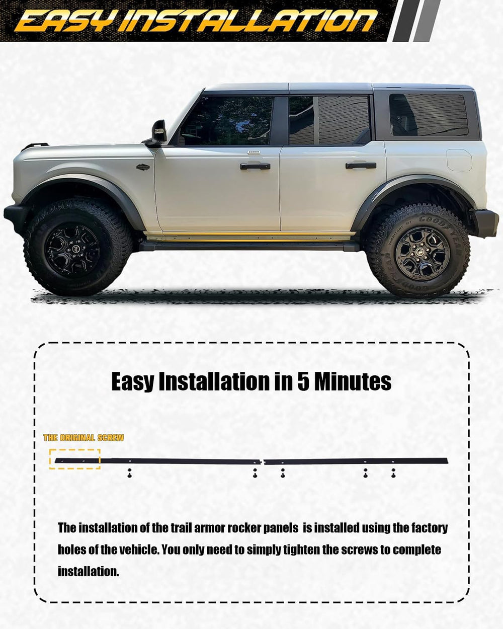 Broaddict aluminum rocker panel finish resists corrosion and wear.