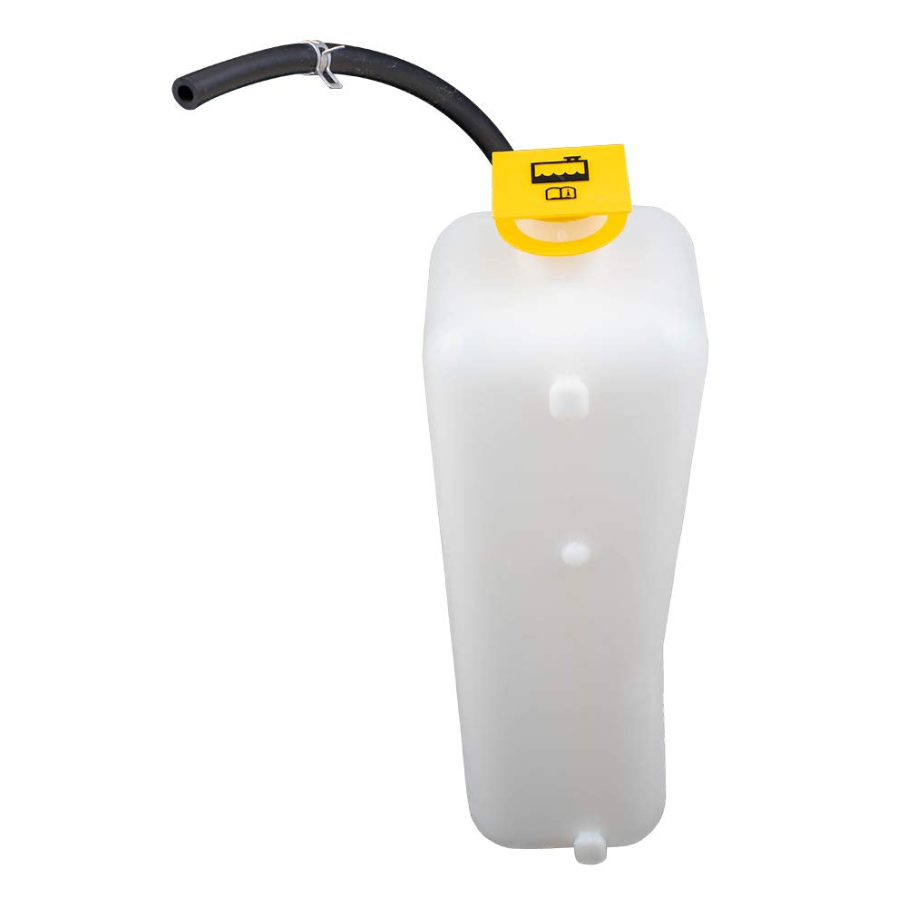Brock coolant reservoir with cap and hose in Wrangler engine bay for reliable cooling.