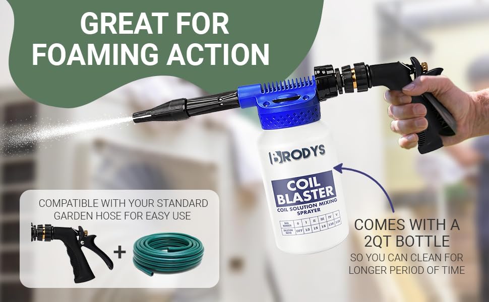BRODYS Coil Blaster auto-mixing action demonstrated for a consistent water-chemical blend.