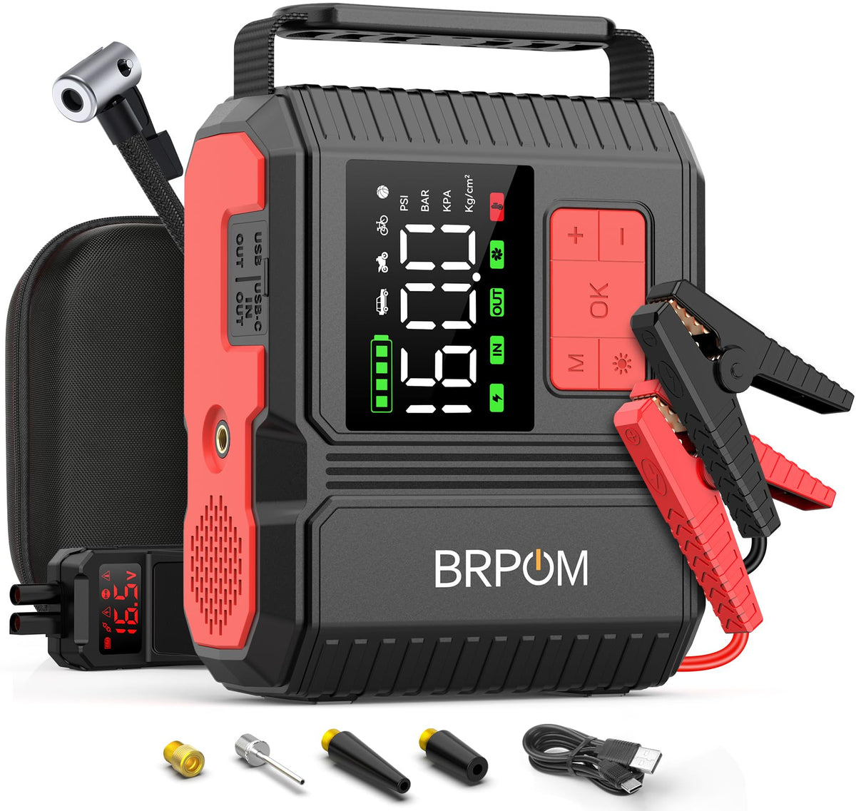 BRPOM car jump starter with air compressor in a compact unit for roadside emergencies