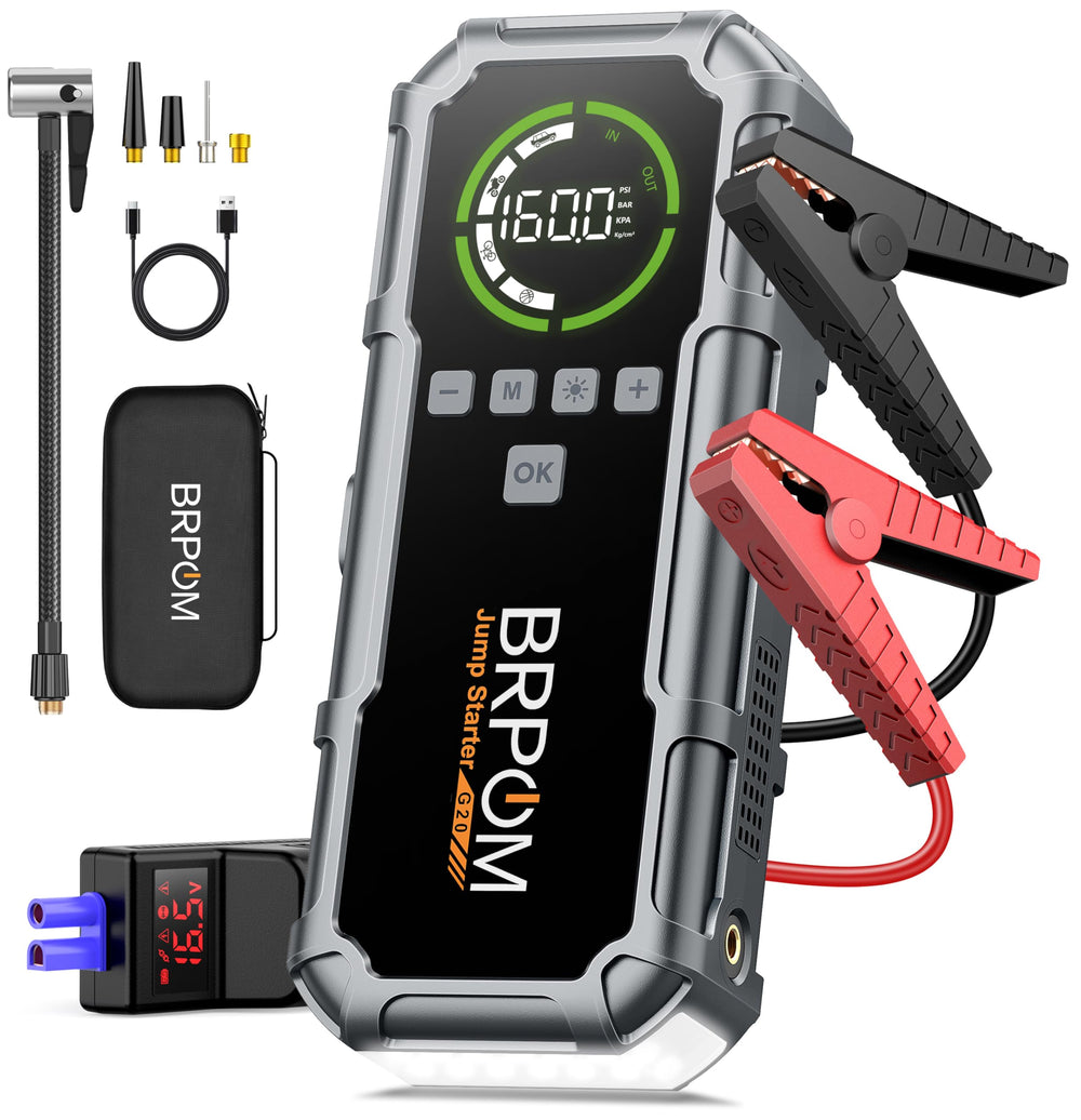 BRPOM Jump Starter with LCD display showing real-time start status.