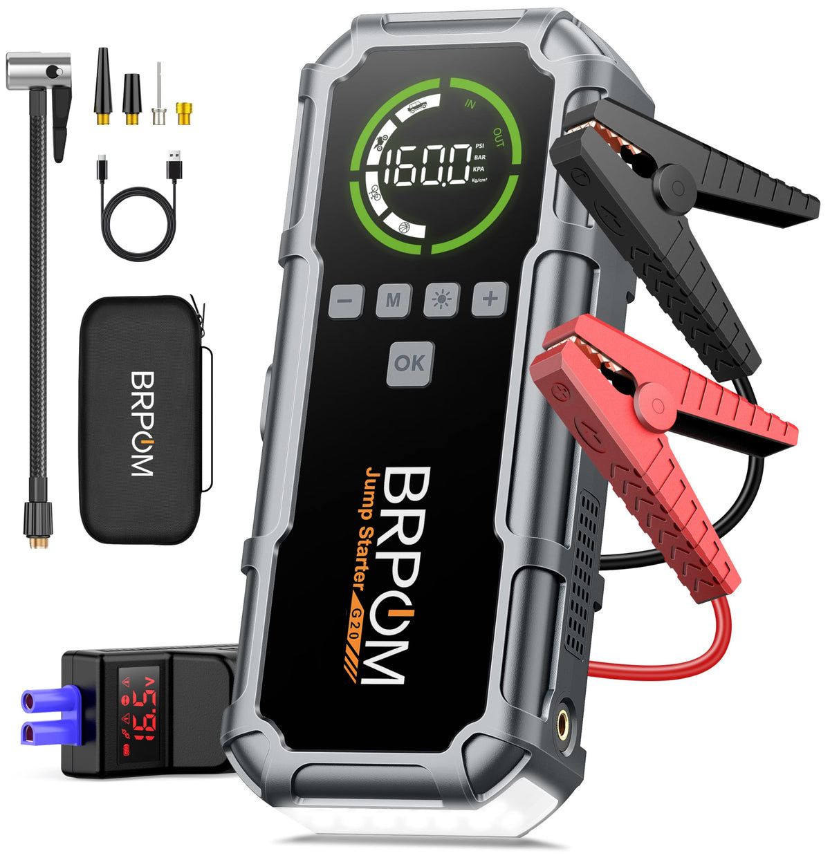 BRPOM Jump Starter with LCD display showing real-time start status.