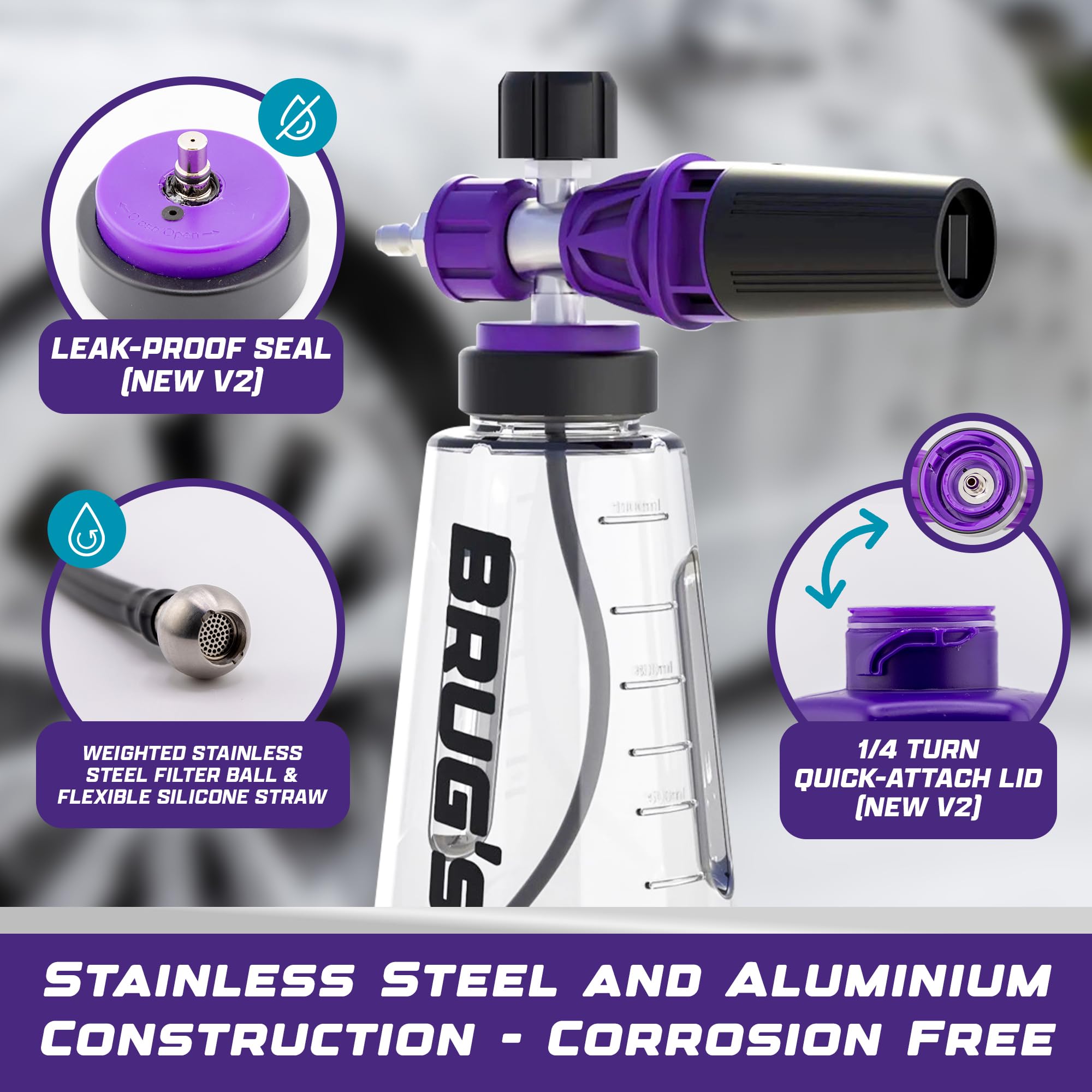 Brug's Pro Foam Cannon Clear Edition V2 wide neck bottle enables easy filling and refills.