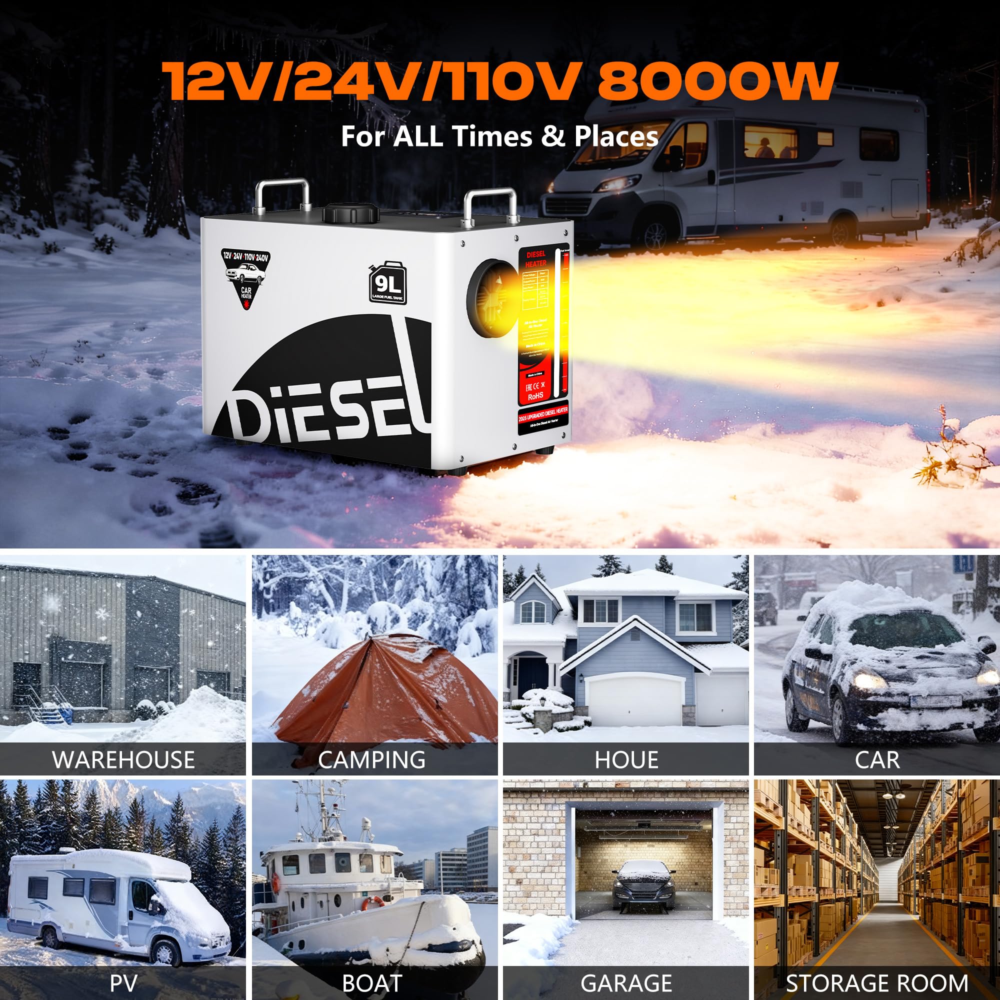 BSMTEK heater shown in an RV or workshop environment.