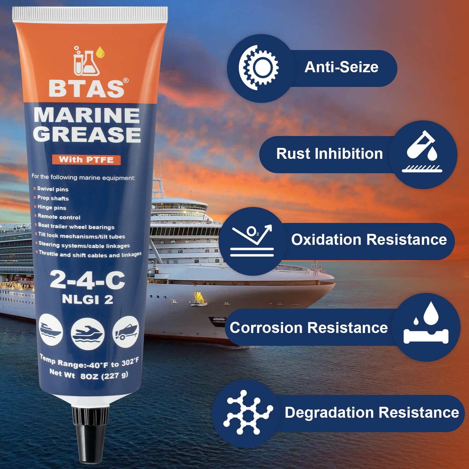 BTAS 2-4-C lithium-based grease indicating high-load capability for marine gear.