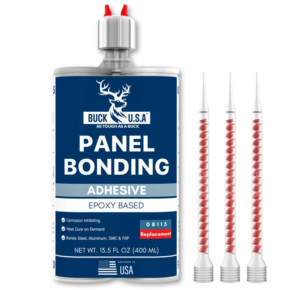 Buck Panel Bonding Adhesive cartridge with mixing nozzle for precise automotive bonds.
