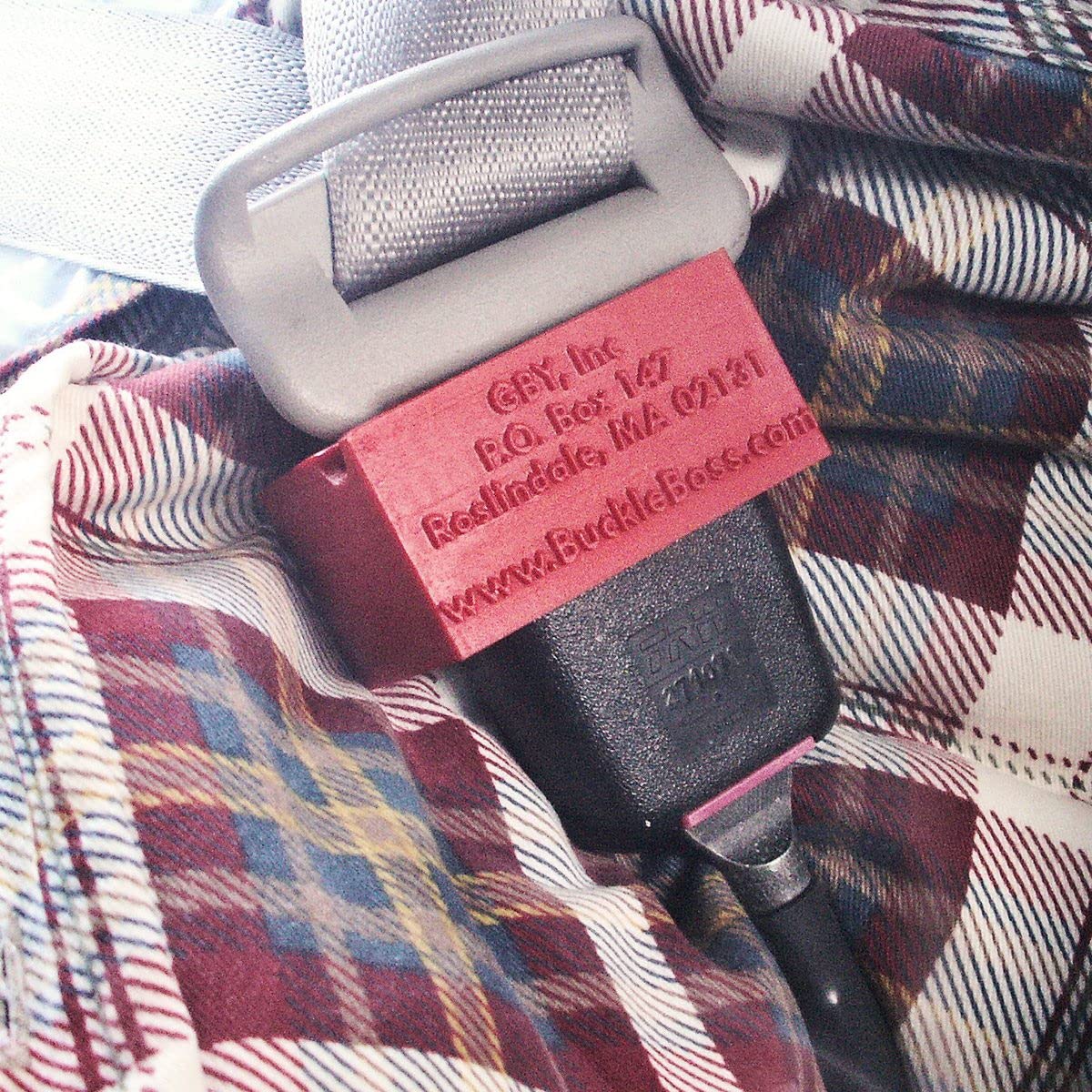 Buckle Boss guard in car demonstrating transfer between vehicles.