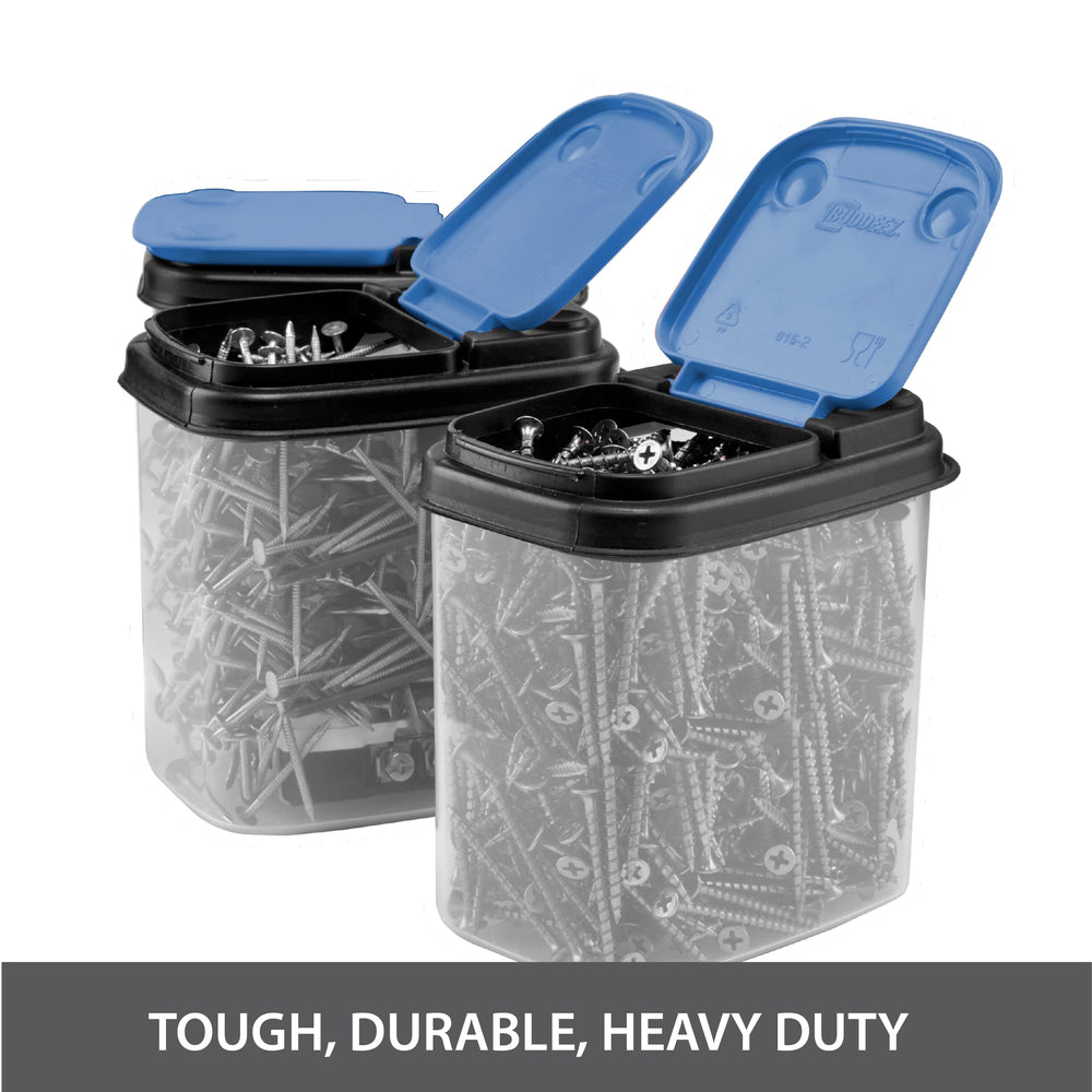 Buddeez tools-bits organizer bin neatly sorting hardware in a pantry-like setup