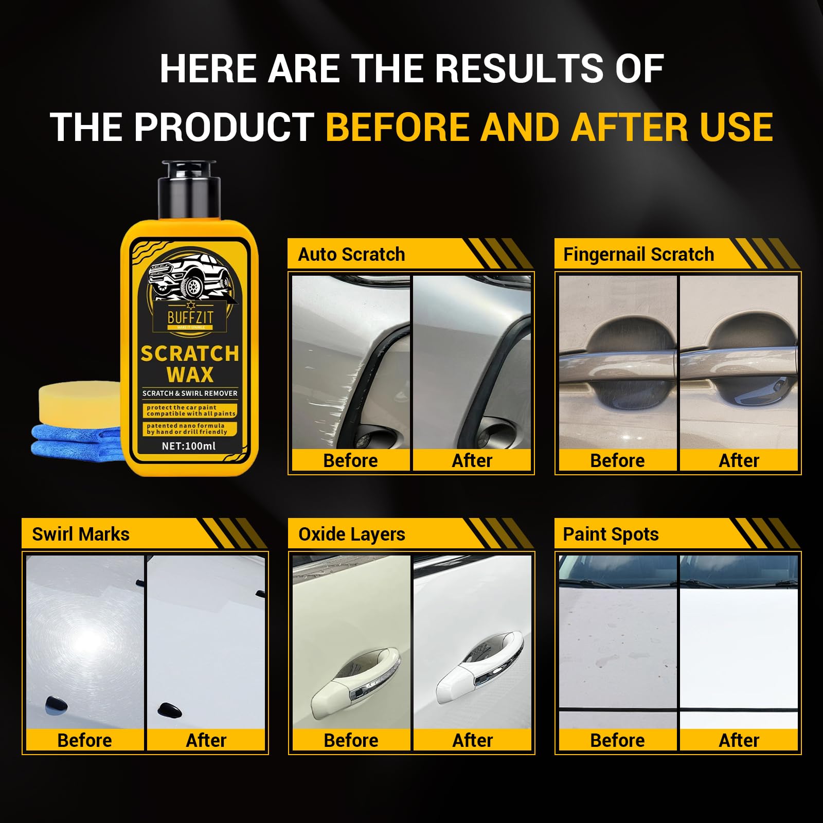 BUFFZIT scratch remover restores vehicle finish with renewed look.
