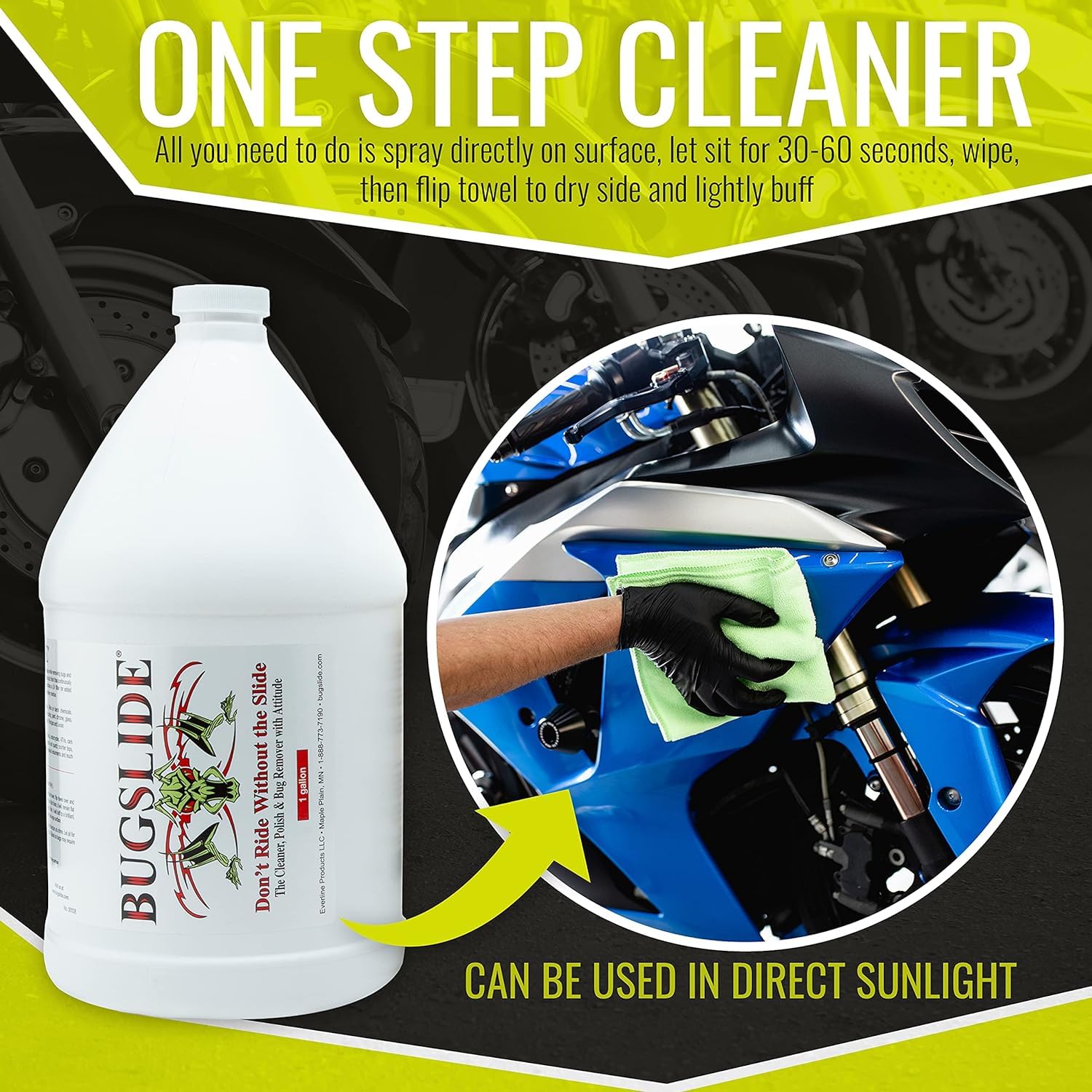 BugSlide degreasing action shown on engine bay or metal panels.
