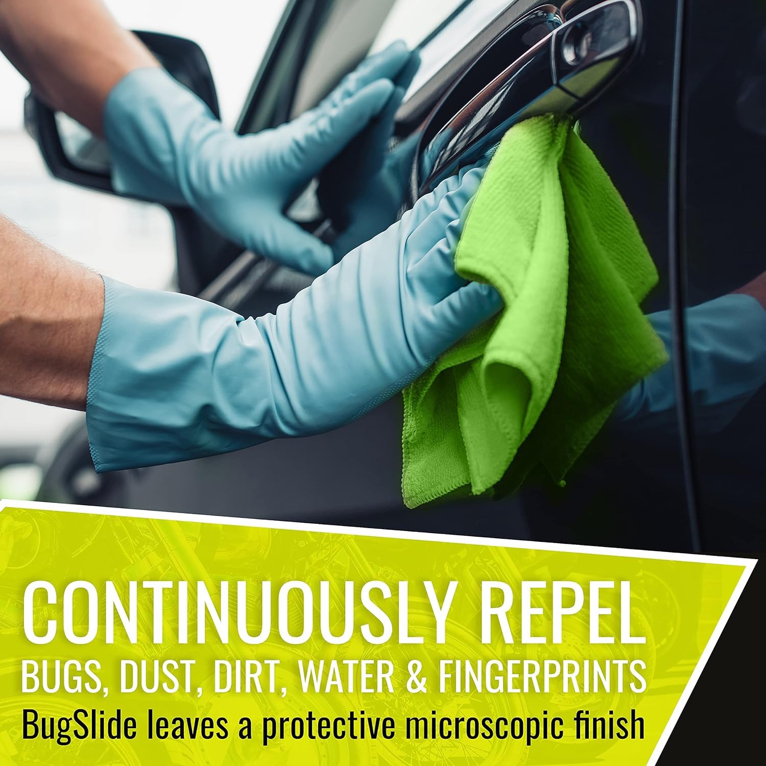 BugSlide spray bottle side view ideal for quick wipe-and-buff on vehicles.