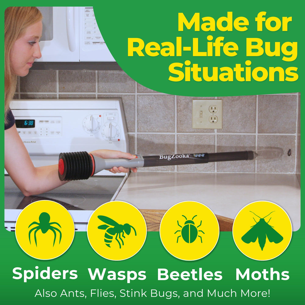 BugZooka spring-loaded suction delivers instant capture from a safe distance.