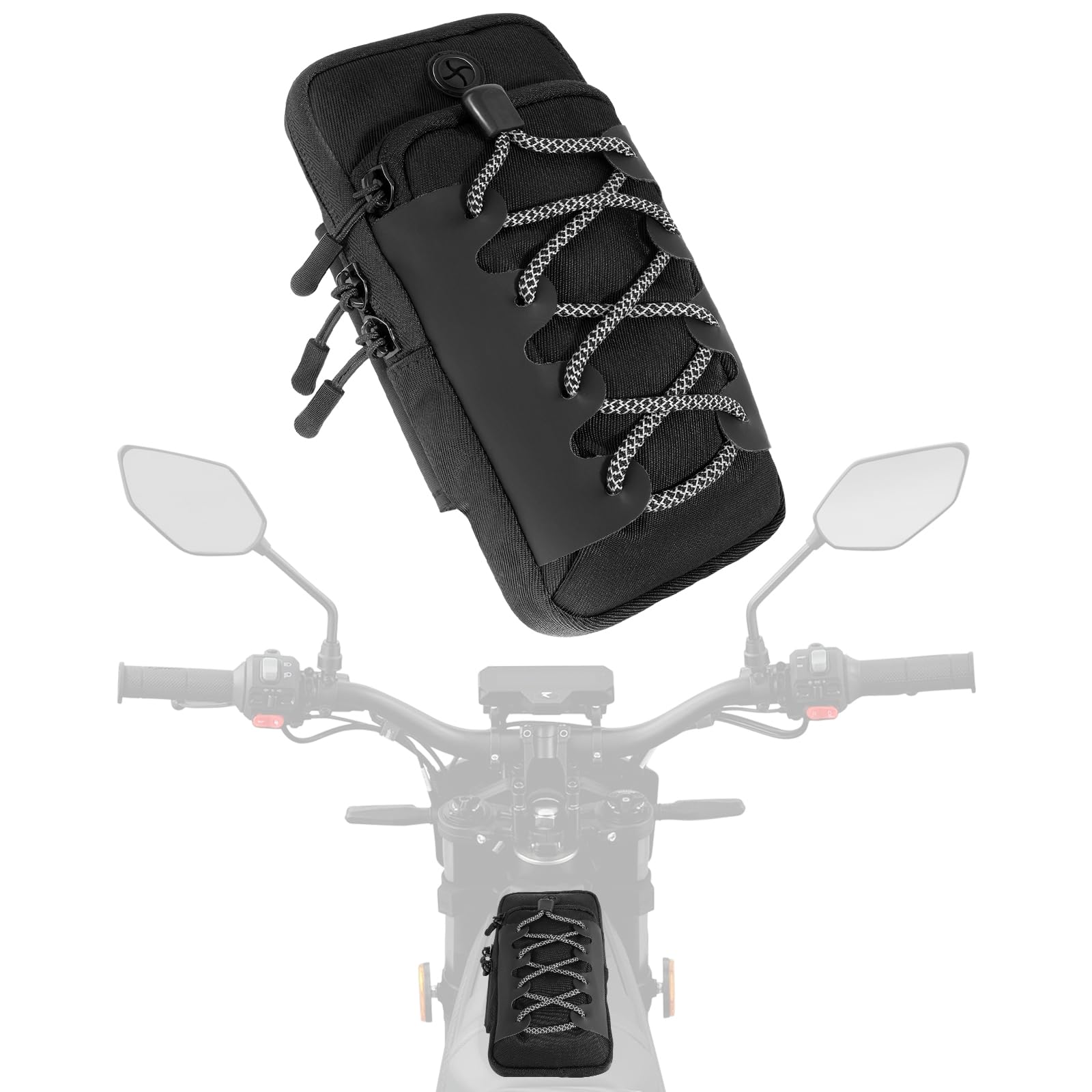 Buhobha front frame bag on Surron for secure front storage during rides.