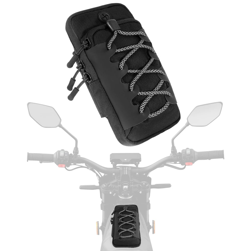 Buhobha front frame bag on Surron for secure front storage during rides.