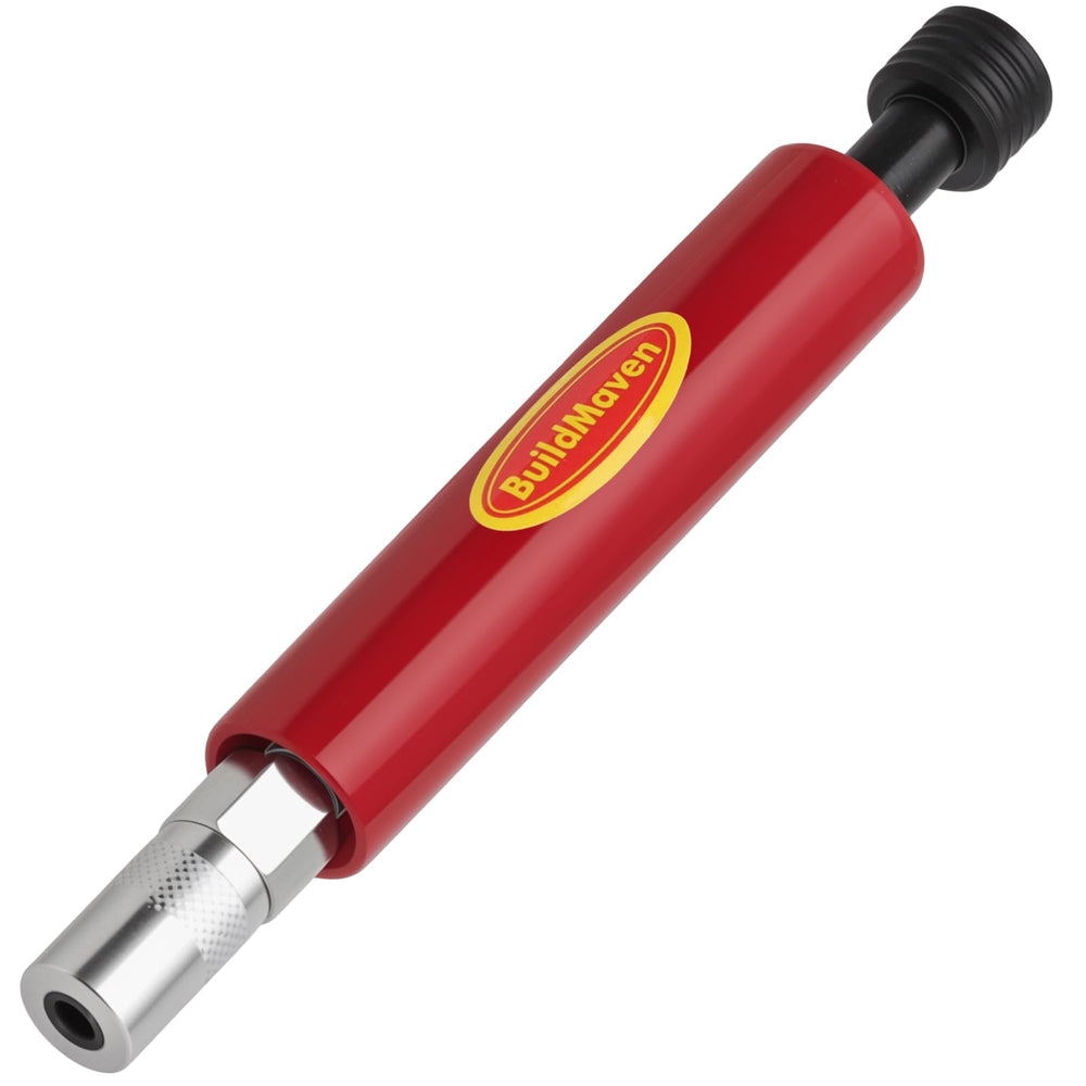 BuildMaven grease fitting cleaning tool, red front view, removes dried grease for smoother operation.