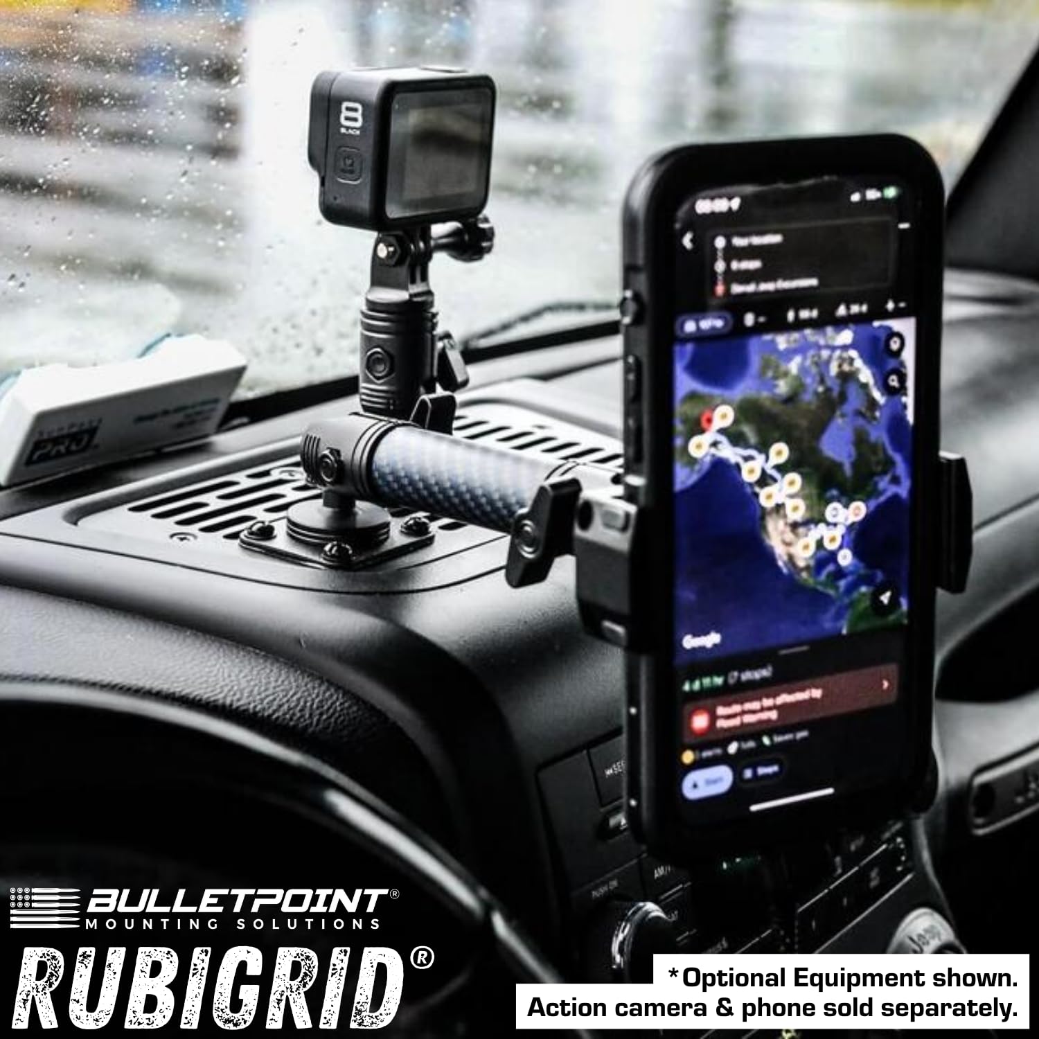 Bulletpoint RubiGrid dash-mount platform securing multiple devices on the dash