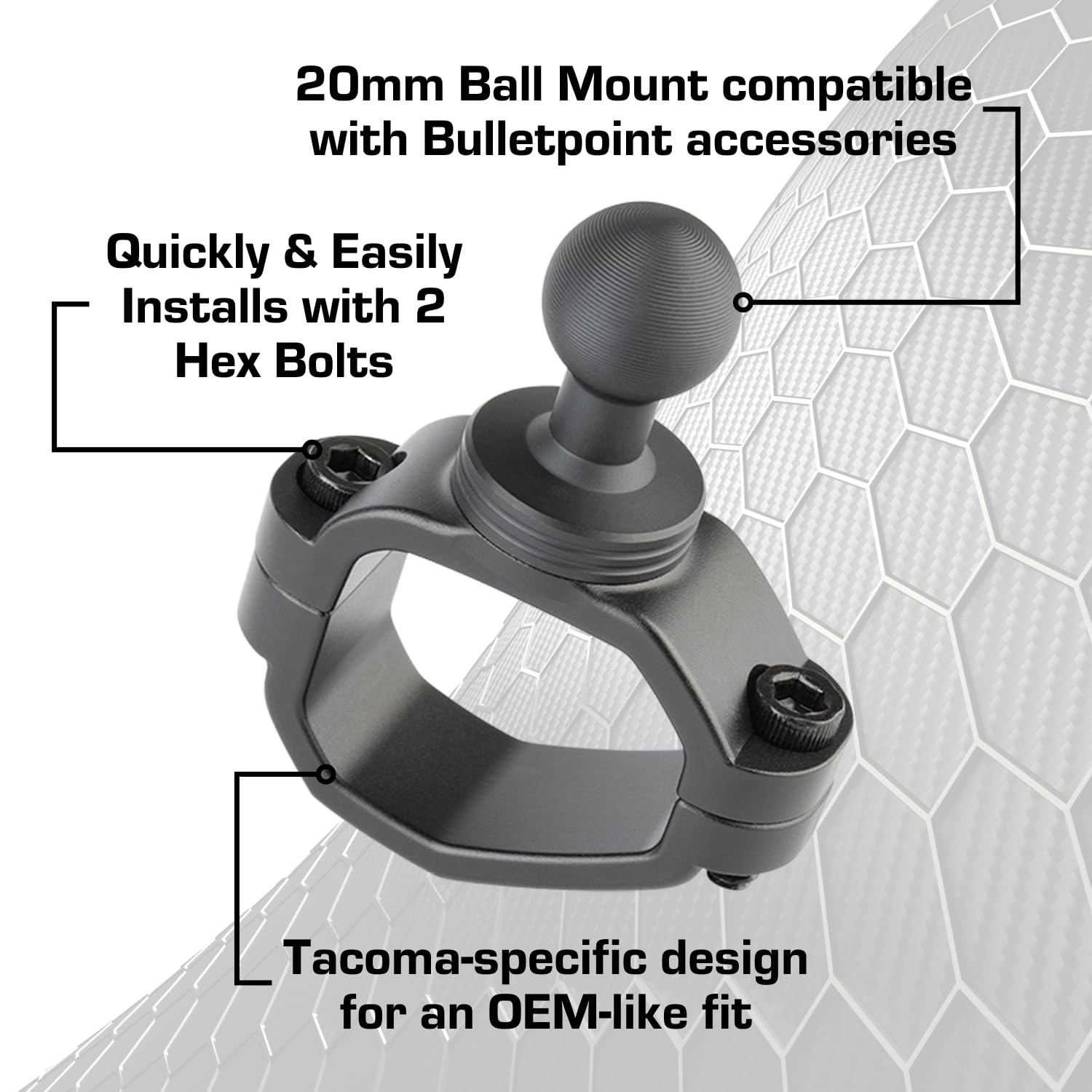 Bulletpoint grab bar mount 20mm ball close-up for versatile arms.
