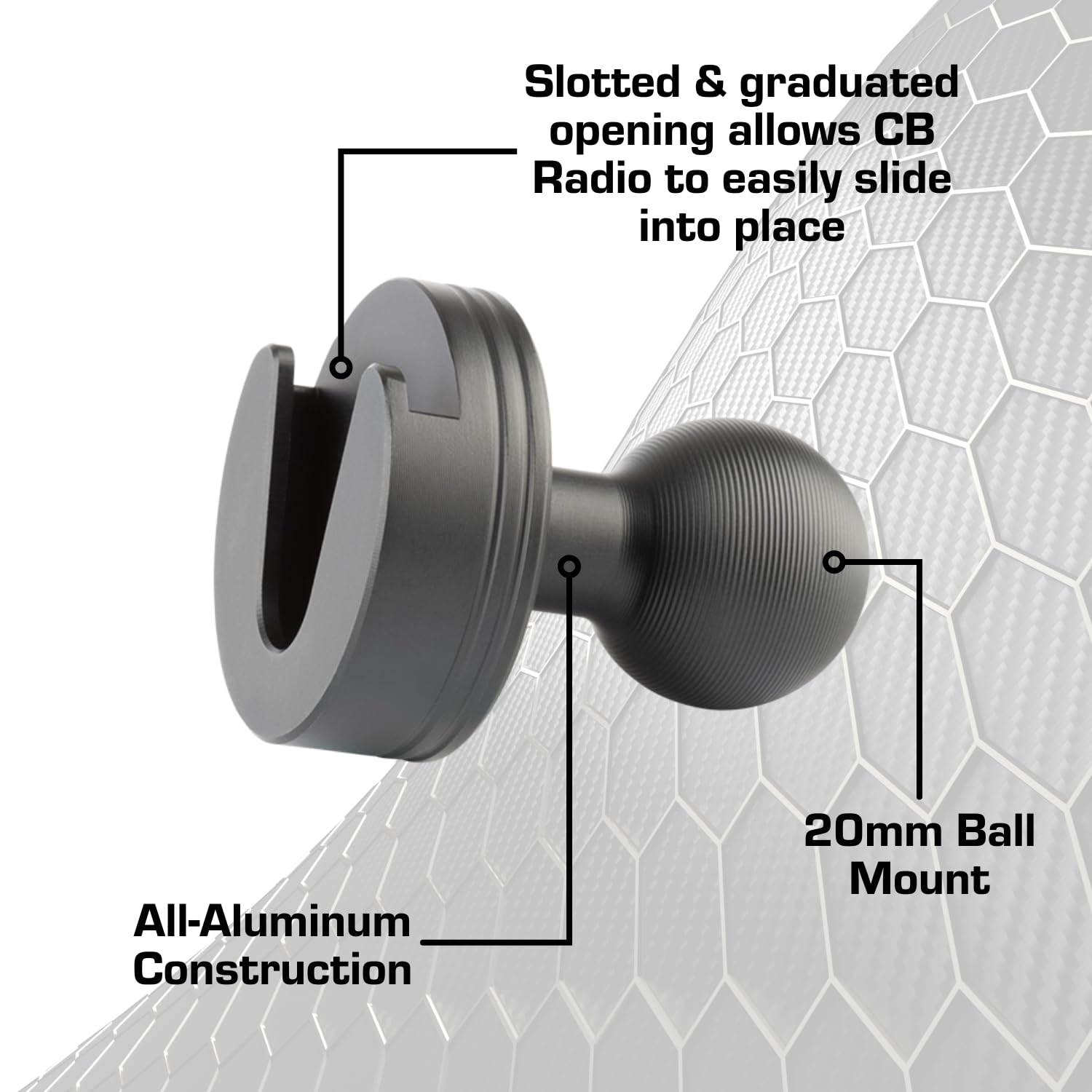 Bulletpoint integrated 20mm ball allows seamless connection to mounting arms.