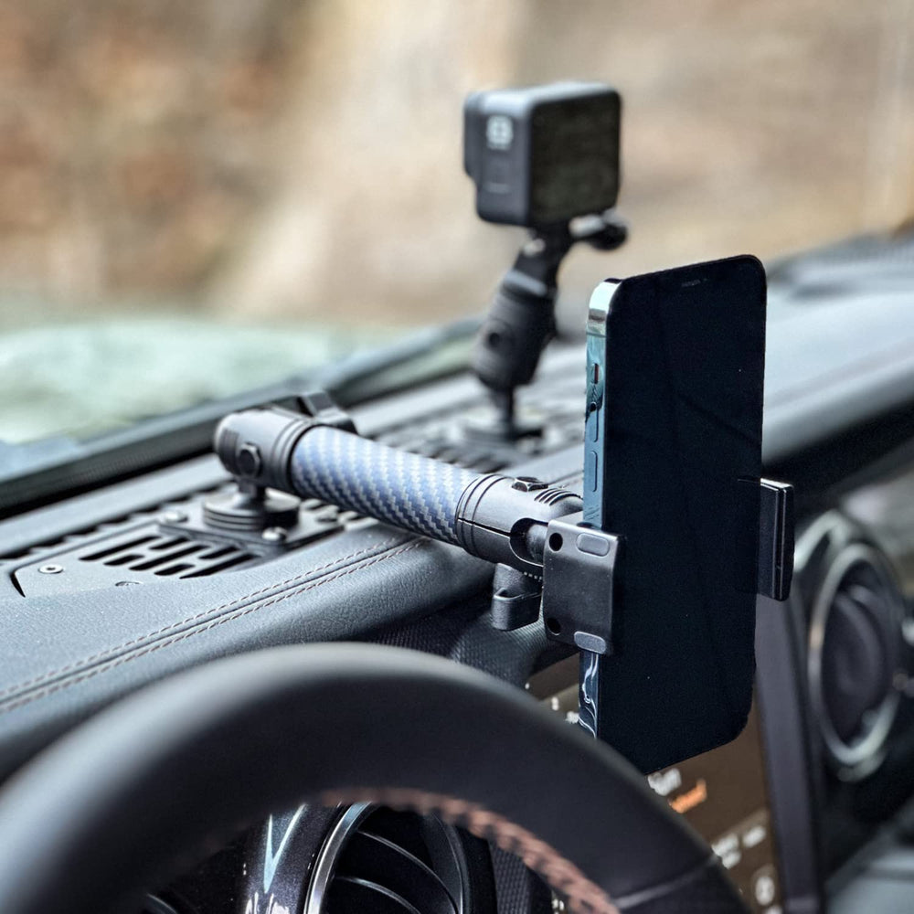Bulletpoint RubiGrid multi-device mount keeps phones and tablets within easy reach on Jeep trips
