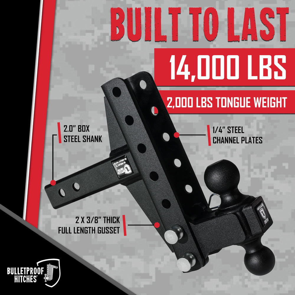 BulletProof Hitches adjustable rise with a 4-inch rise and 6-inch drop for versatile towing setups.