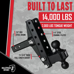BulletProof Hitches adjustable rise with a 4-inch rise and 6-inch drop for versatile towing setups.