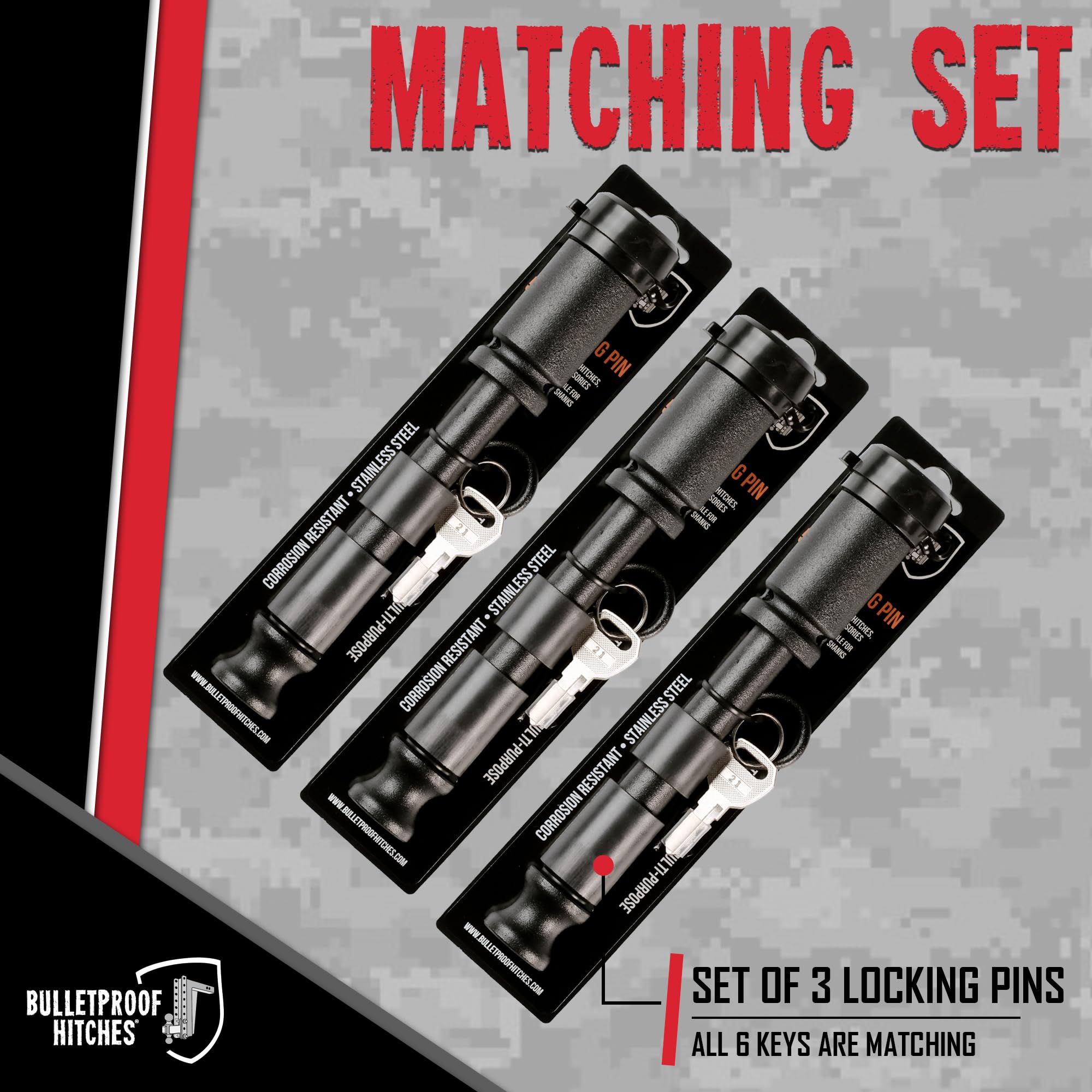 BulletProof Hitches black 3-pack locking pins ready for secure towing.