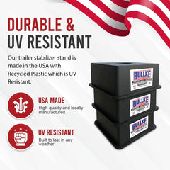 Stackable Bullke RV stabilizer blocks adapt to uneven terrain for reliable support.